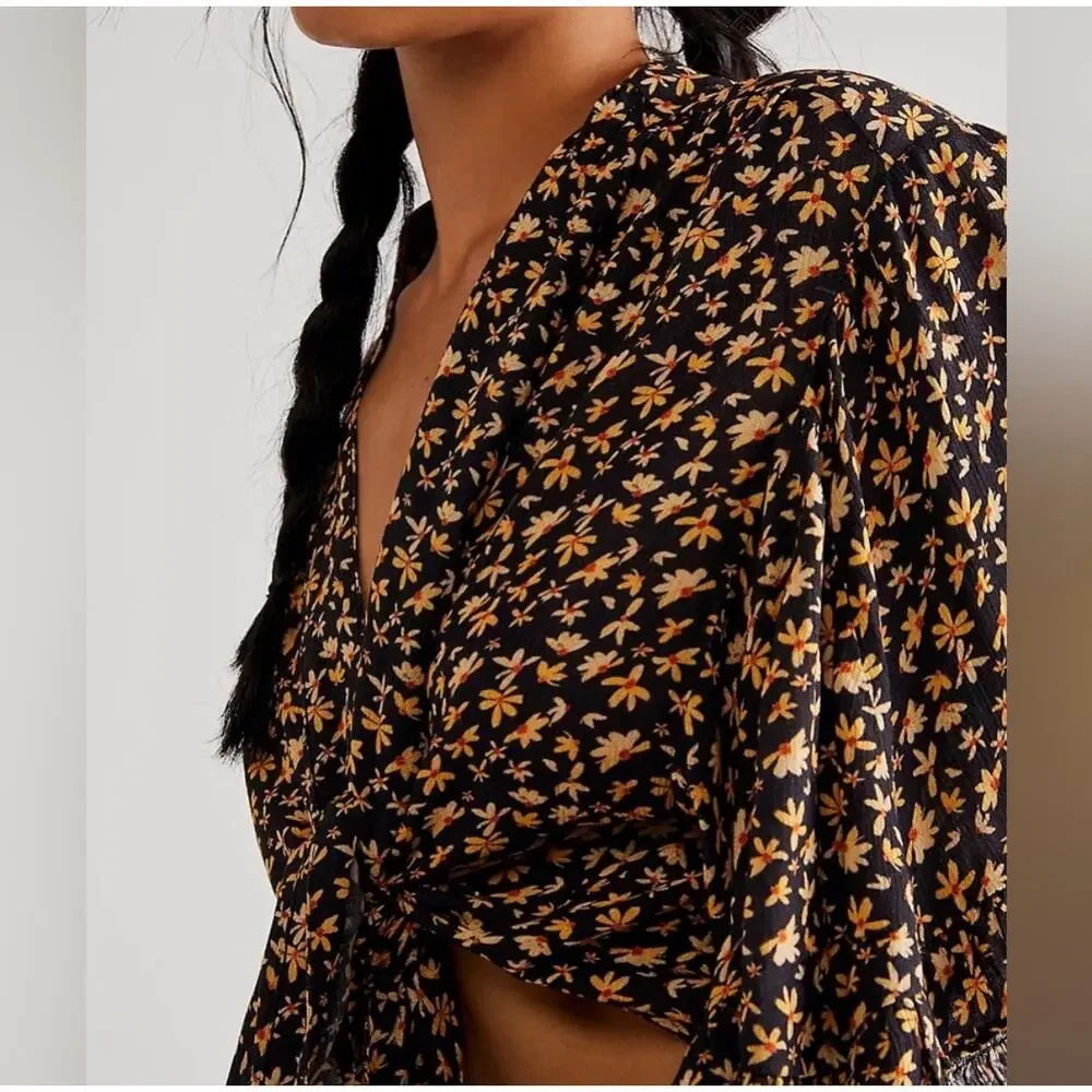 Free People Calisto Bed Jacket Tie Front Top Blackbird Combo XS